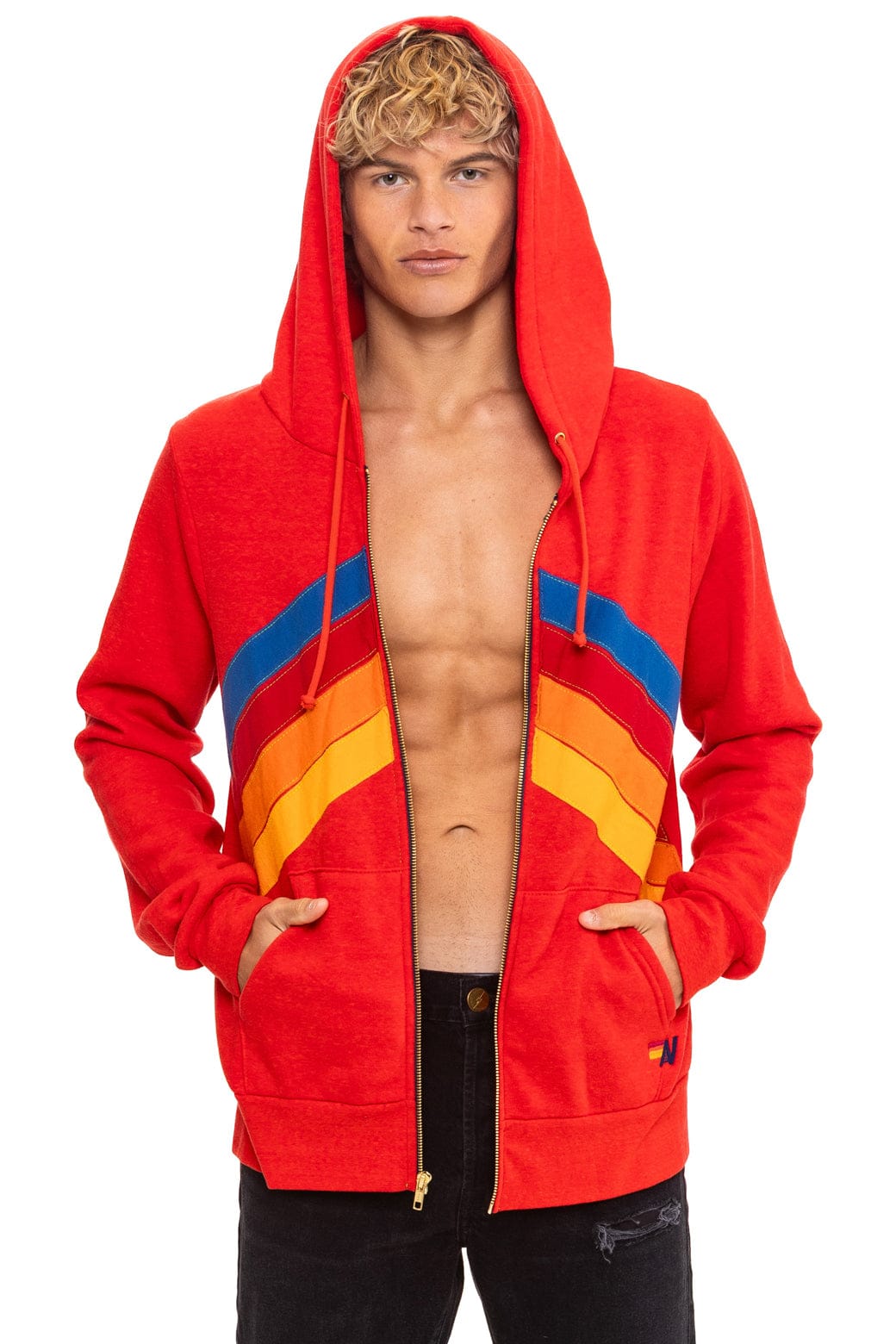 MOUNTAIN STITCH CHEVRON 4 ZIP HOODIE - RED - Image 2
