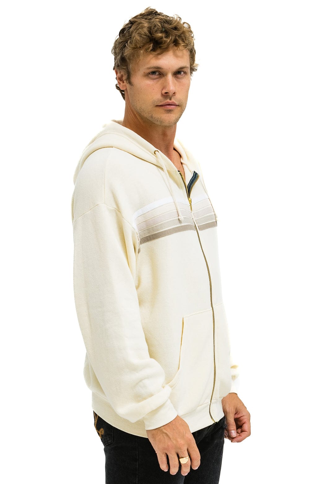 5 STRIPE RELAXED ZIP HOODIE - VINTAGE WHITE // WHITE // GREY - Image 6