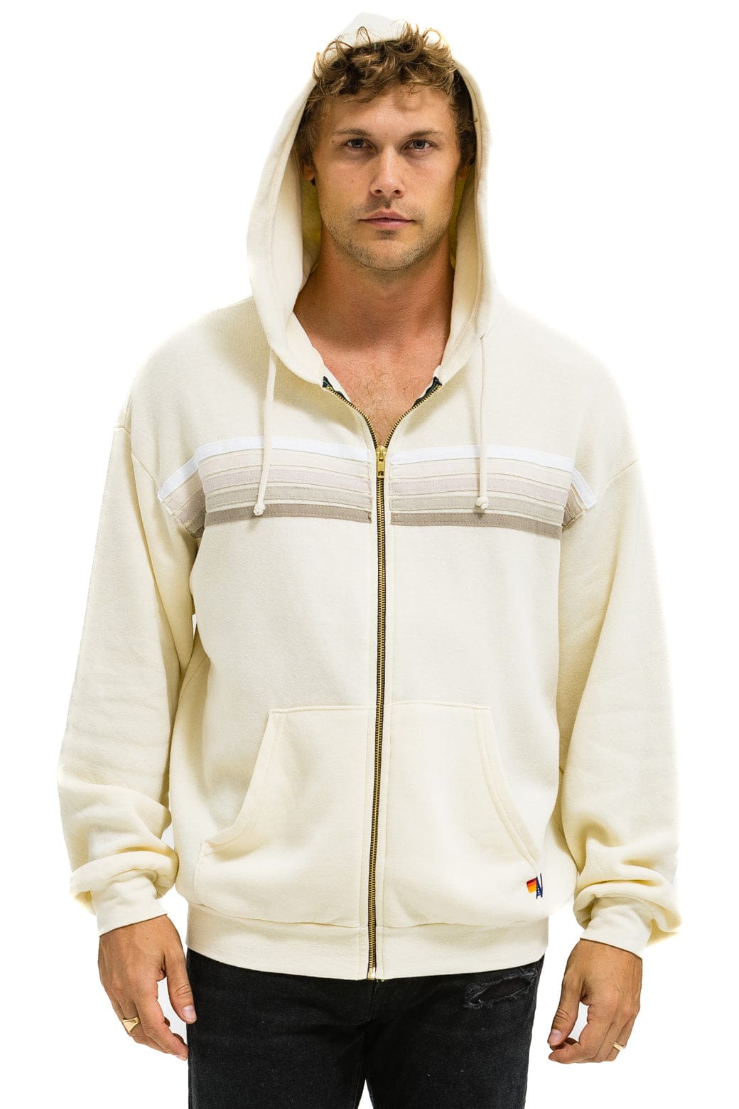 5 STRIPE RELAXED ZIP HOODIE - VINTAGE WHITE // WHITE // GREY - Image 2