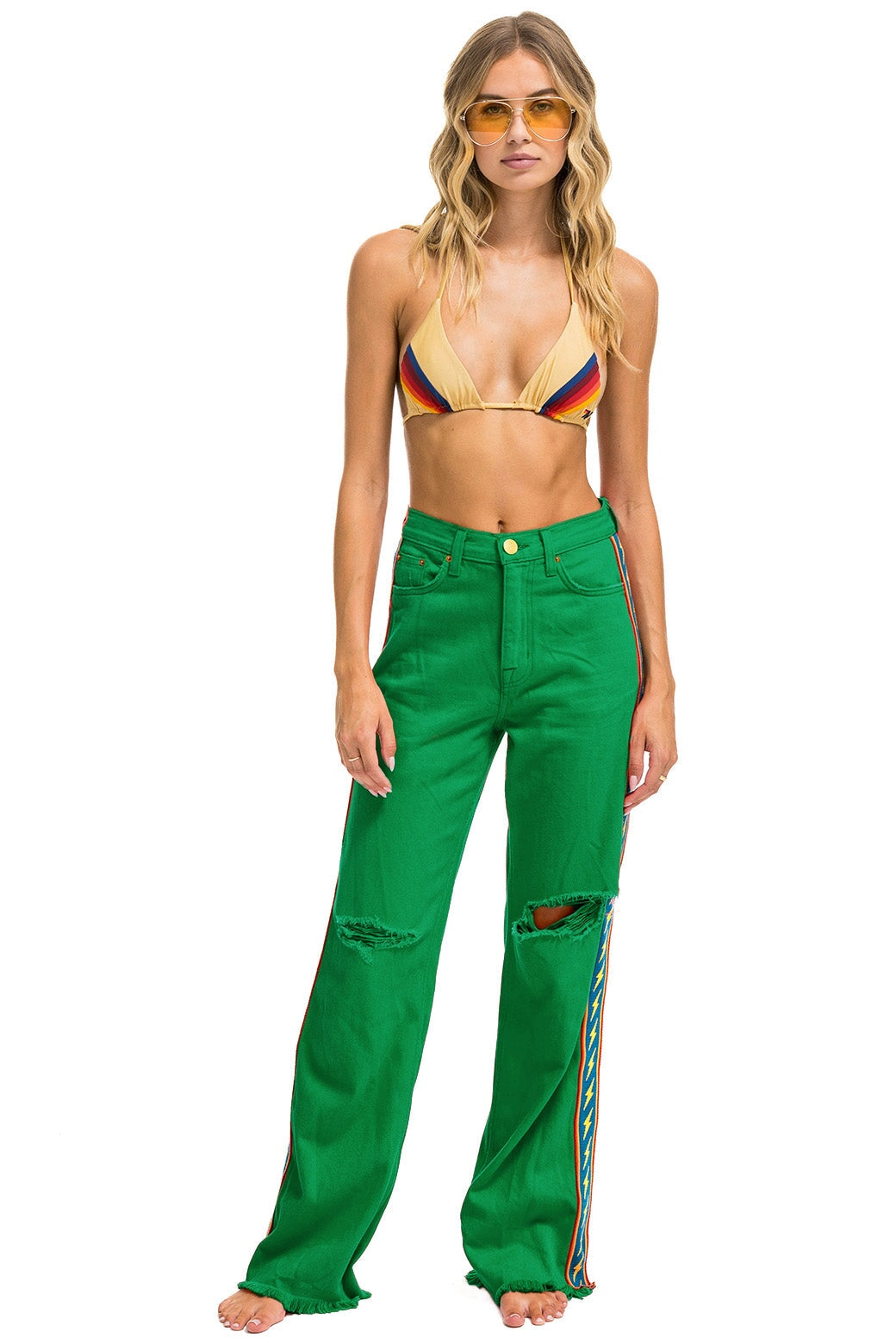 BOLT STRIPE HI RISE WIDE-LEG GYPSY JEAN - KELLY GREEN - Image 3