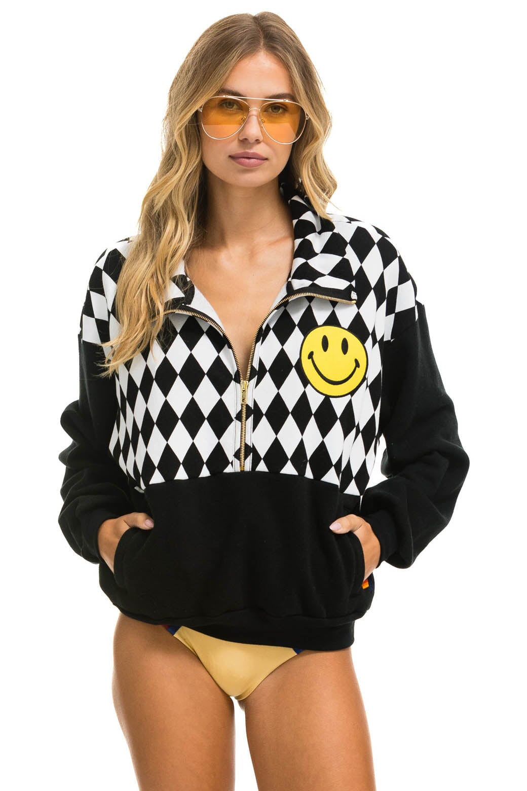 DIAMOND SMILEY 2 EMBROIDERY FLEECE HALF ZIP SWEATSHIRT - BLACK // WHITE - Image 5