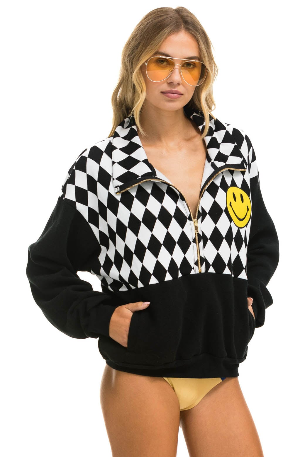 DIAMOND SMILEY 2 EMBROIDERY FLEECE HALF ZIP SWEATSHIRT - BLACK // WHITE - Image 4