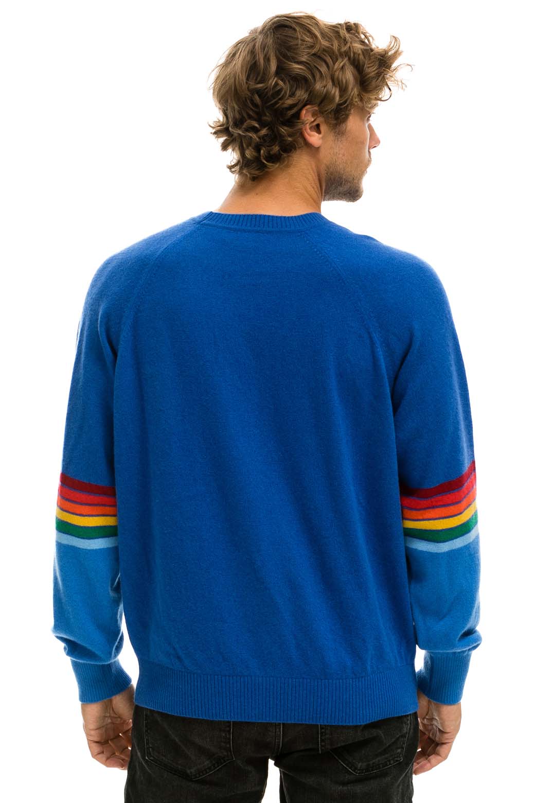 RAINBOW STRIPE SLEEVE UNISEX CASHMERE LIGHT SWEATER - VINTAGE BLUE - Image 9