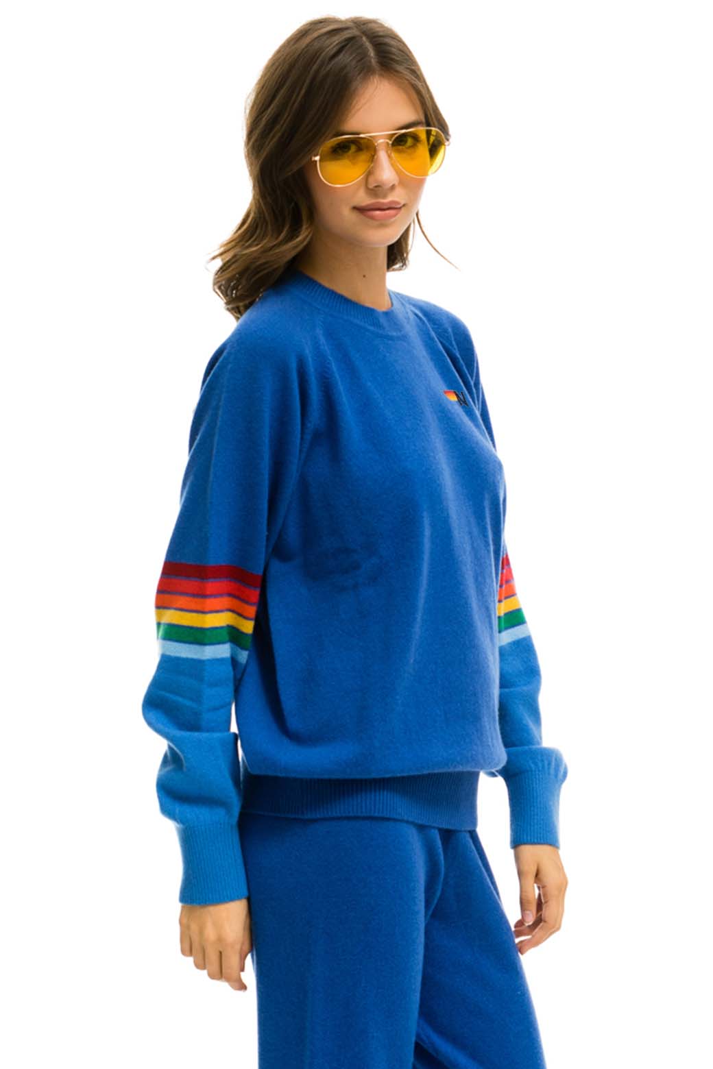 RAINBOW STRIPE SLEEVE UNISEX CASHMERE LIGHT SWEATER - VINTAGE BLUE - Image 3