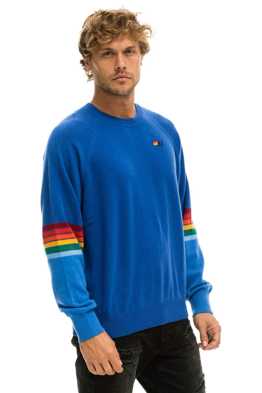 RAINBOW STRIPE SLEEVE UNISEX CASHMERE LIGHT SWEATER - VINTAGE BLUE - Image 8