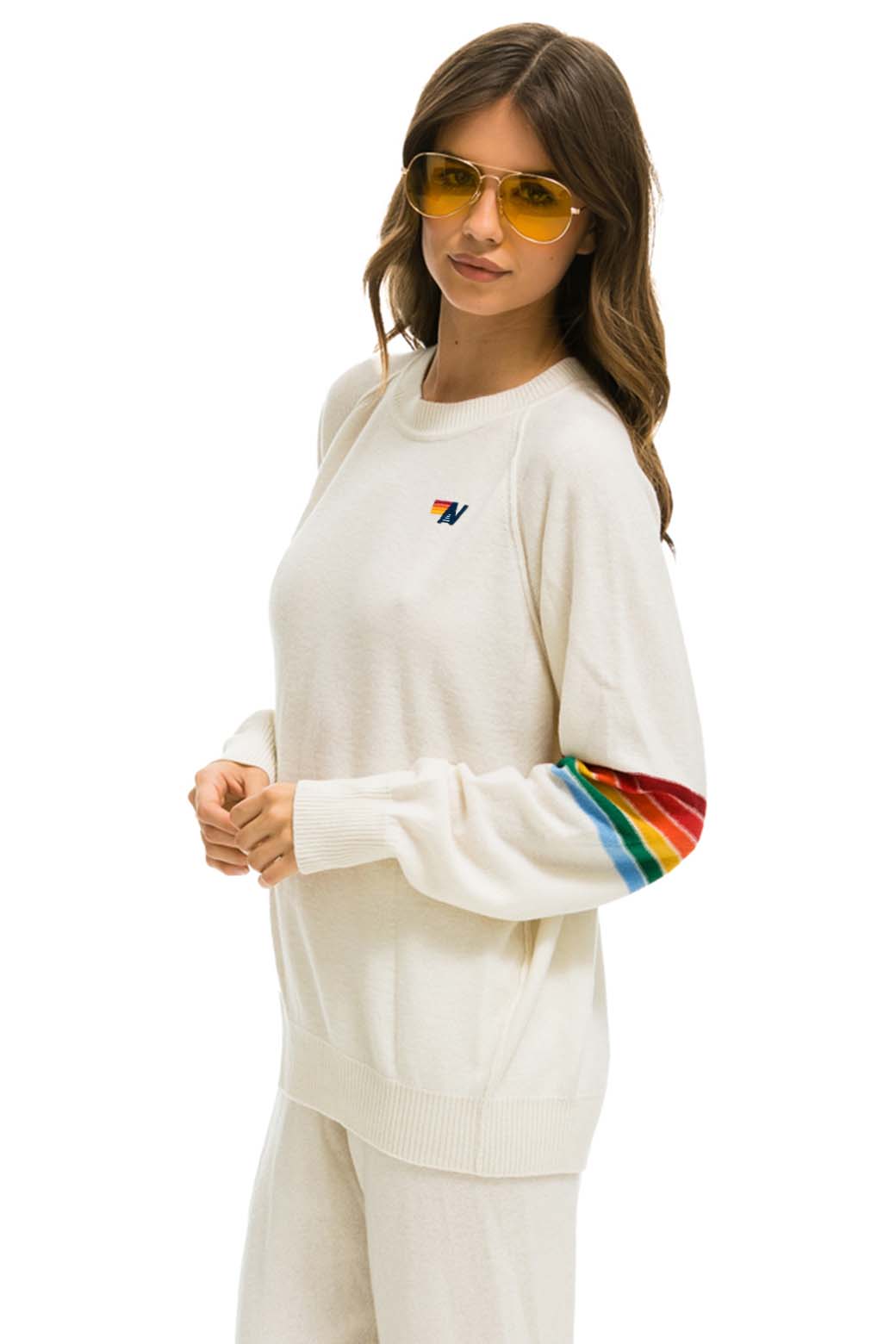 RAINBOW STRIPE SLEEVE UNISEX CASHMERE LIGHT SWEATER - VINTAGE WHITE - Image 3
