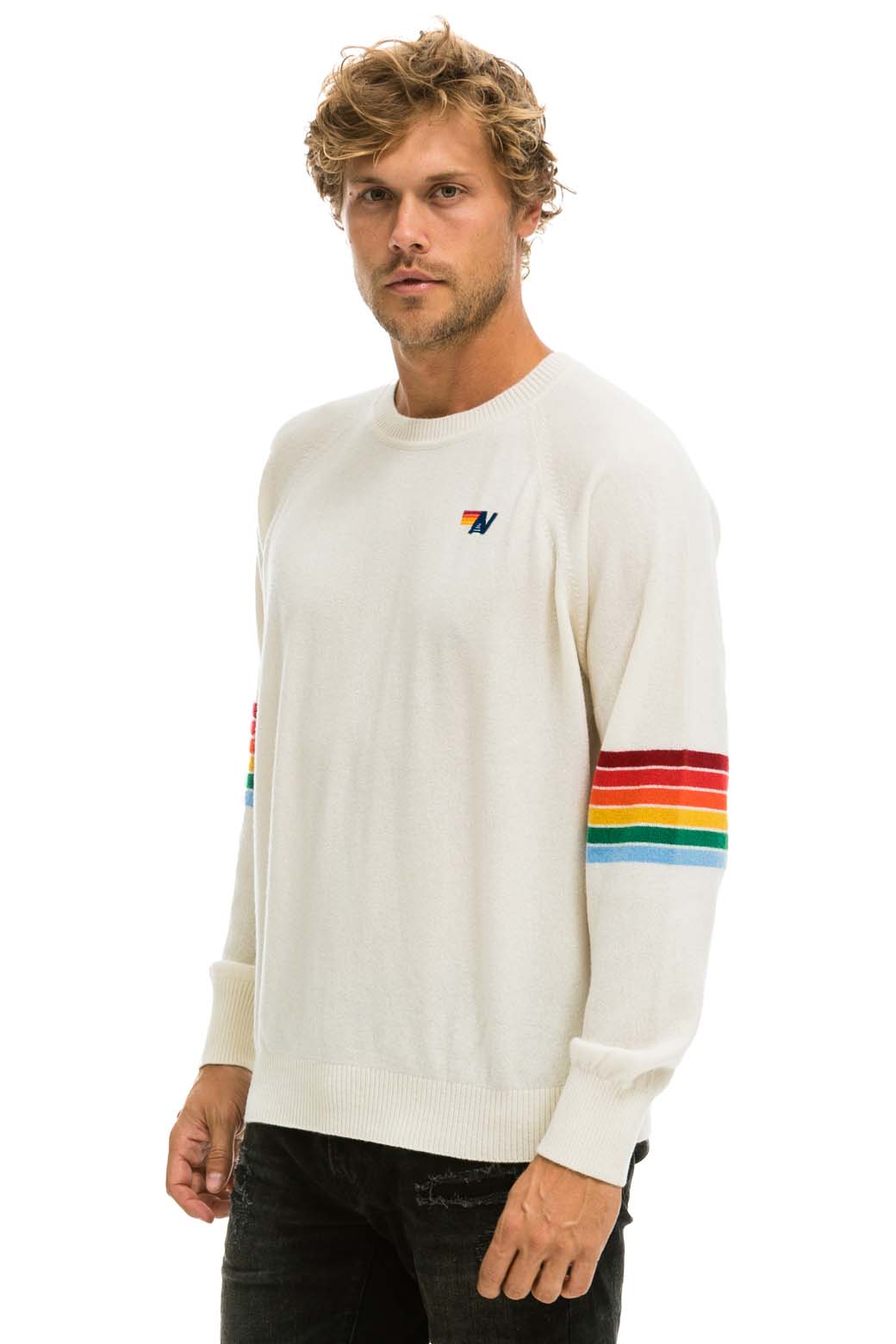 RAINBOW STRIPE SLEEVE UNISEX CASHMERE LIGHT SWEATER - VINTAGE WHITE - Image 6