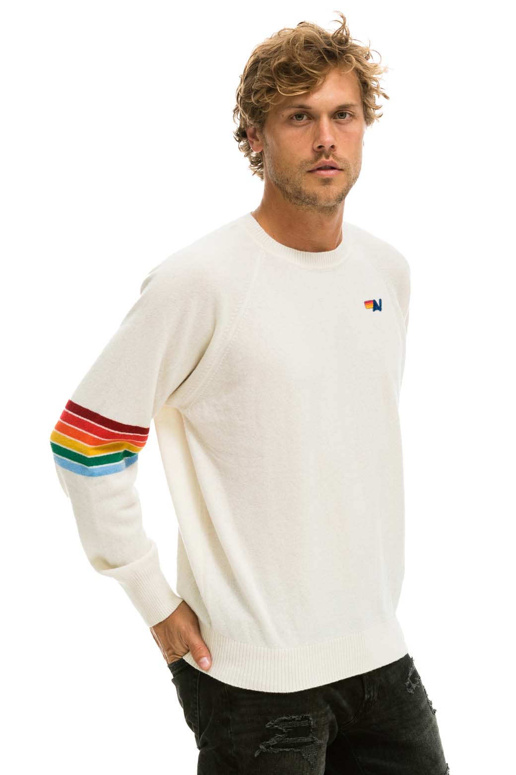 RAINBOW STRIPE SLEEVE UNISEX CASHMERE LIGHT SWEATER - VINTAGE WHITE - Image 7