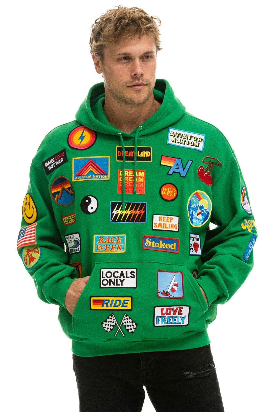 VINTAGE PATCH RELAXED PULLOVER HOODIE- KELLY GREEN - Image 6